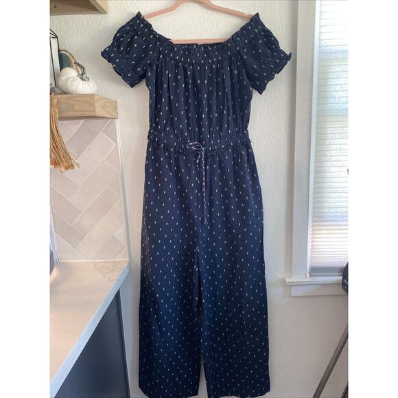 By Anthropologie Findley Off Shoulder Wide‎ Leg Jumpsuit Blue Embroidered XS - Picture 1 of 12